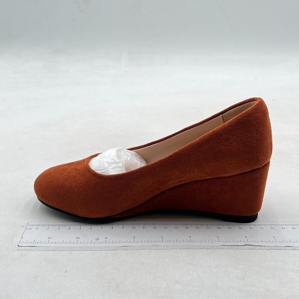 FSJ Brown Suede Wedges Heels for Women Closed Toe Slip On Shoes Dressy Pumps